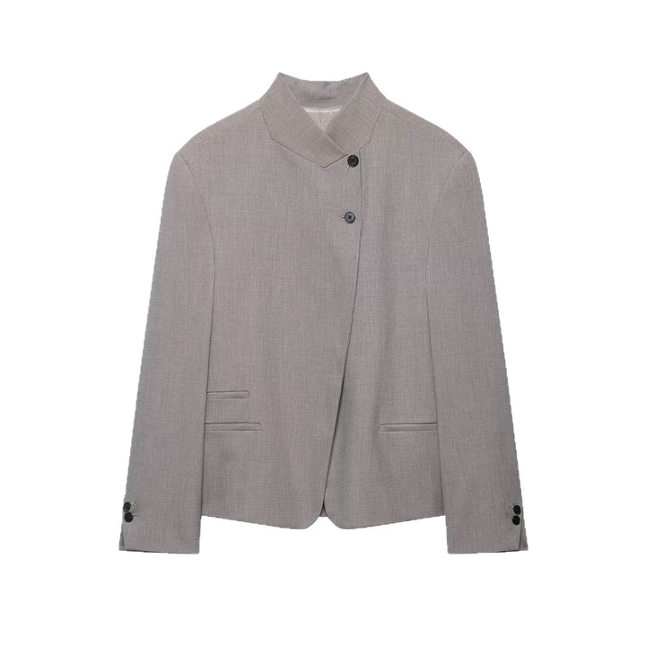Women's Short Blazer with Asymmetrical Button Placket and Stand-up Collar Mune Fashion