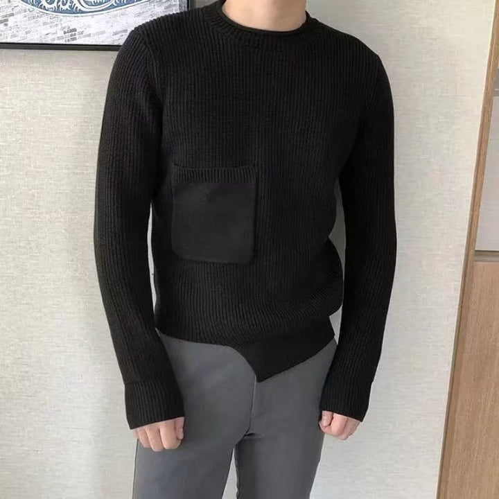 Men's coarse ribbed round neck pullover with patch chest pocket Mune Fashion