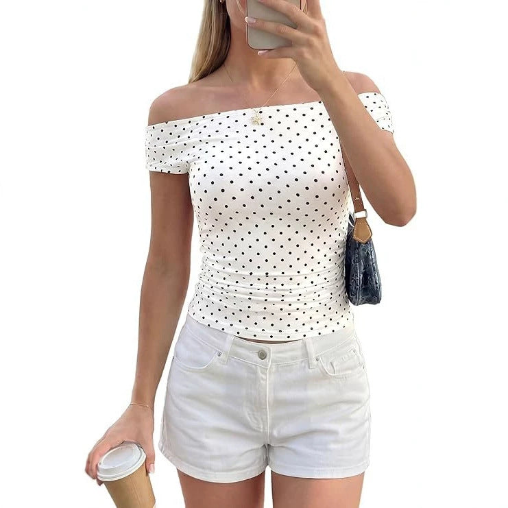 Women's Off-Shoulder Fitted Polka Dot Top with Gathered Side Seam Mune Fashion