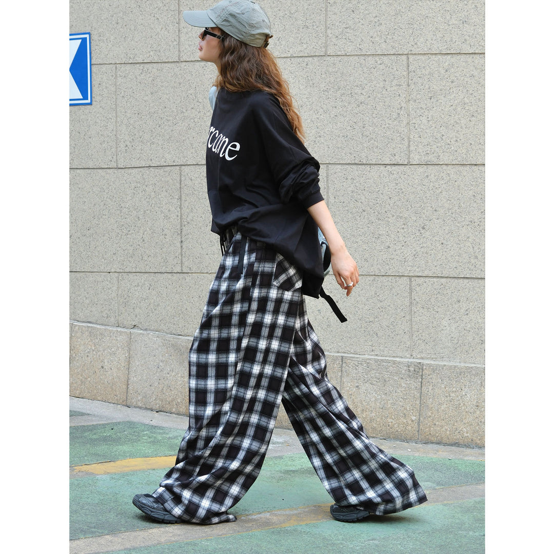 Women's wide checkered flannel palazzo pants with elastic waistband and drawstring Mune Fashion