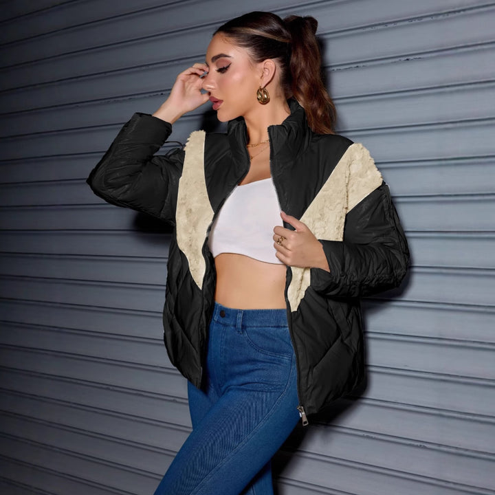 Women's Padded Quilted Jacket with Faux Fur V-Inset, Stand Collar & Zipper Mune Fashion