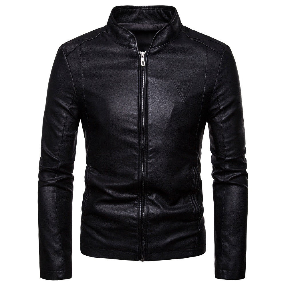 Men's narrow cut lamb leather biker jacket with stand-up collar and tonal decorative stitching Mune Fashion
