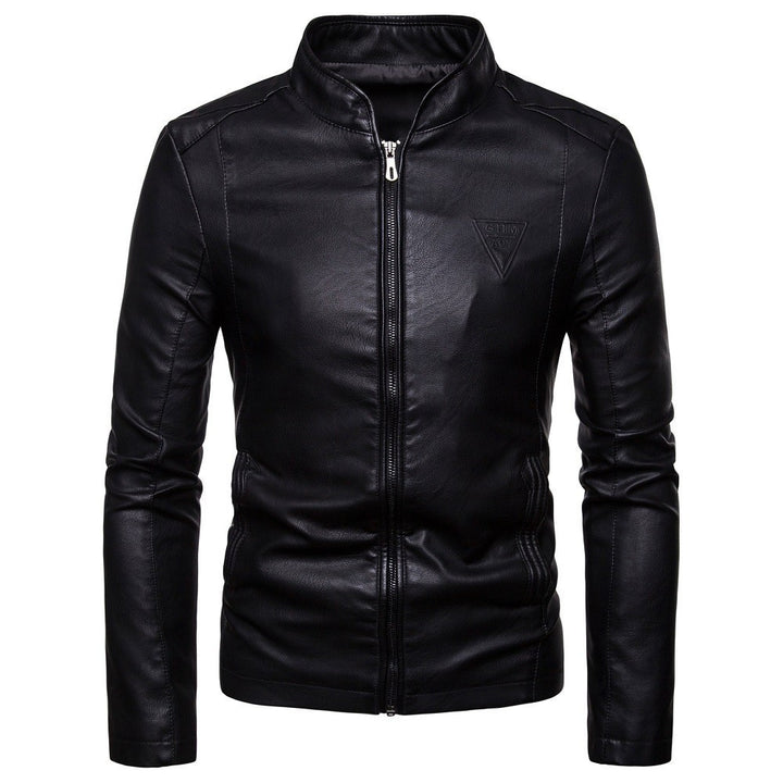 Men's narrow cut lamb leather biker jacket with stand-up collar and tonal decorative stitching Mune Fashion