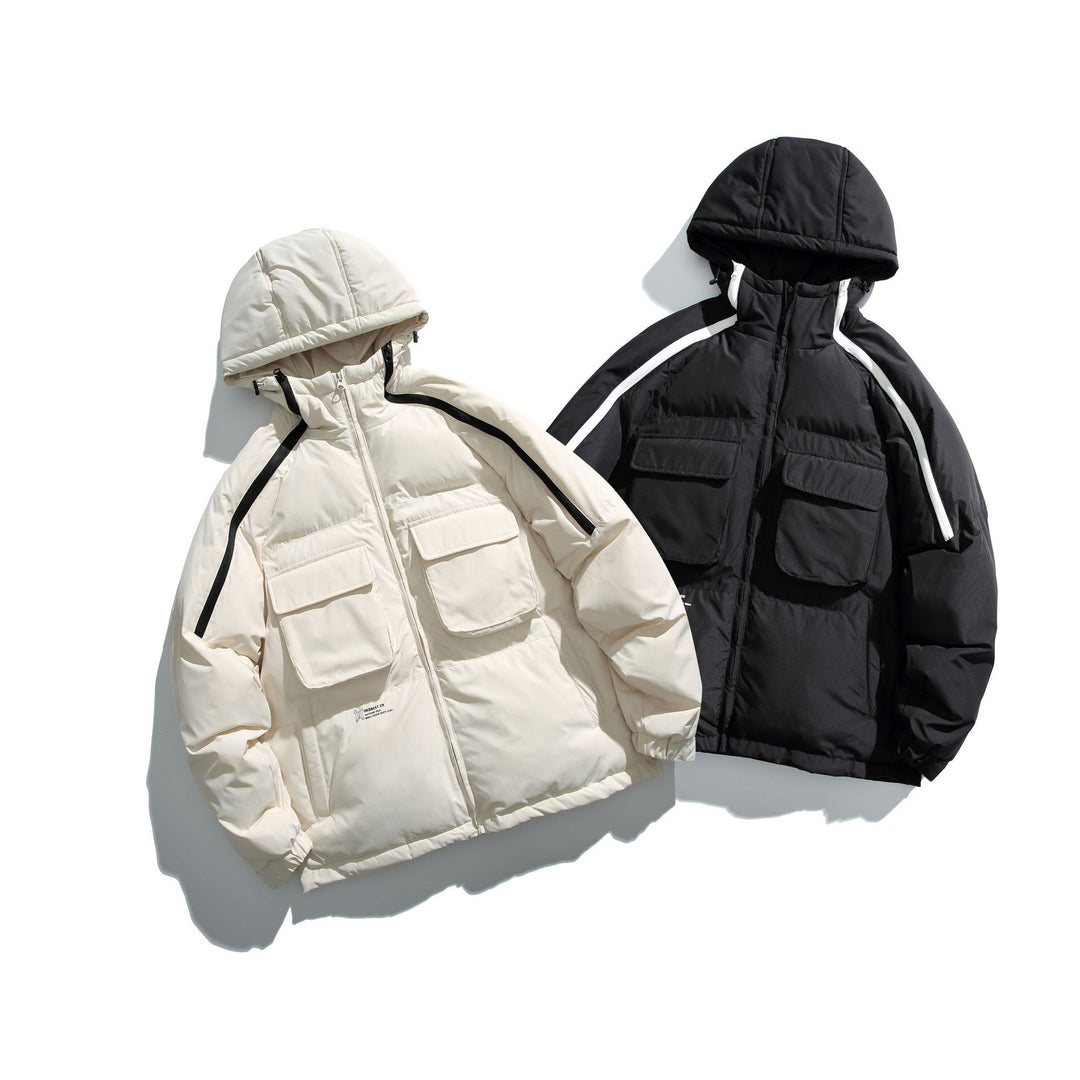 Unisex Short Cut Boxy Puffer with Hood, Contrast Stripes and Large Flap Pockets Mune Fashion