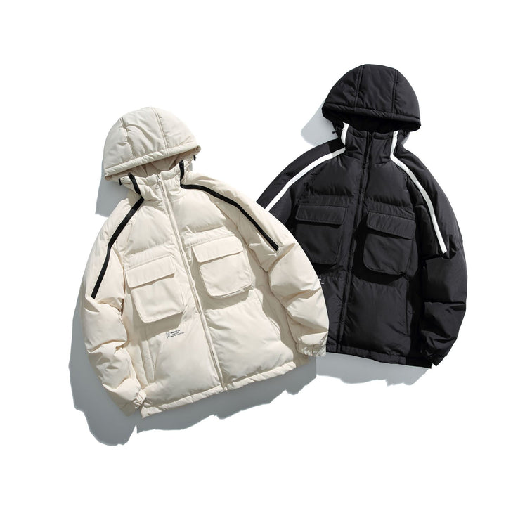Unisex Short Cut Boxy Puffer with Hood, Contrast Stripes and Large Flap Pockets Mune Fashion