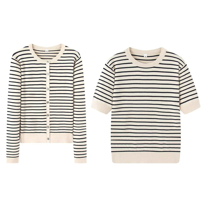 Women knitted striped fine knit cardigan with round neckline and full button placket Mune Fashion
