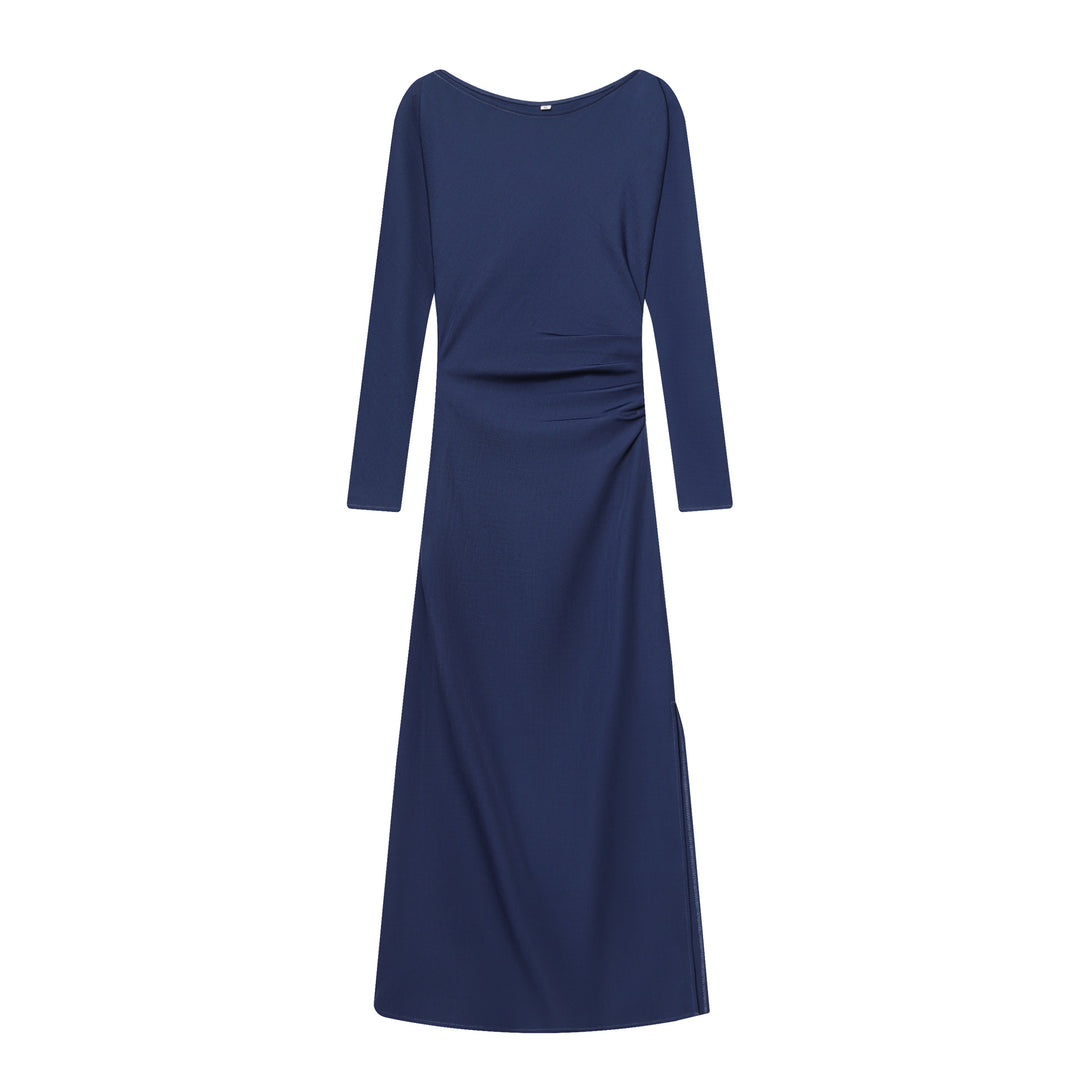 Women's fitted midi dress with bateau neckline, long sleeves, and side gathering Mune Fashion
