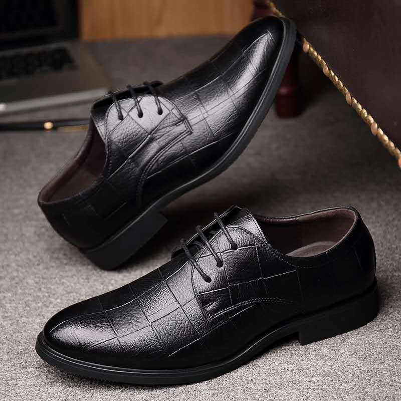 Men's Elegant Derby Leather Lace-Up with Crocodile Embossing Mune Fashion