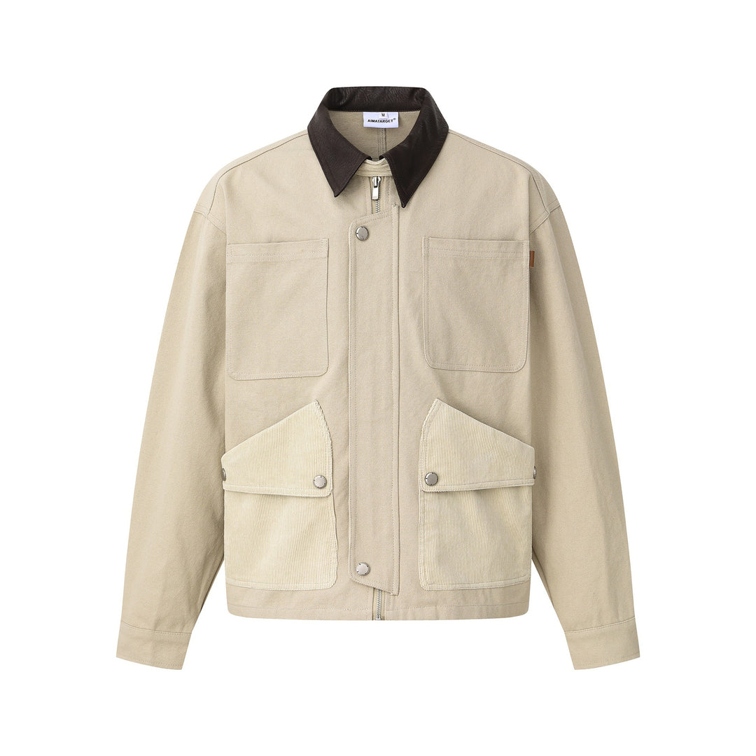 Men's short jacket in field style with cord utility pockets and contrasting leather collar Mune Fashion