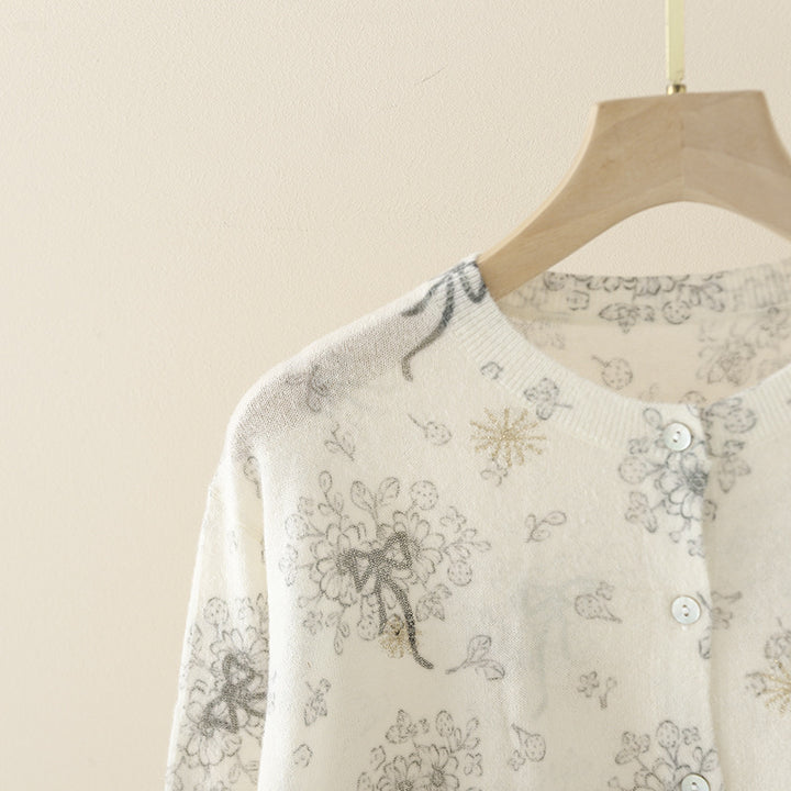 Ladies Fine Button Cardigan with delicate Flower Sketch Print and Round Neckline Mune Fashion