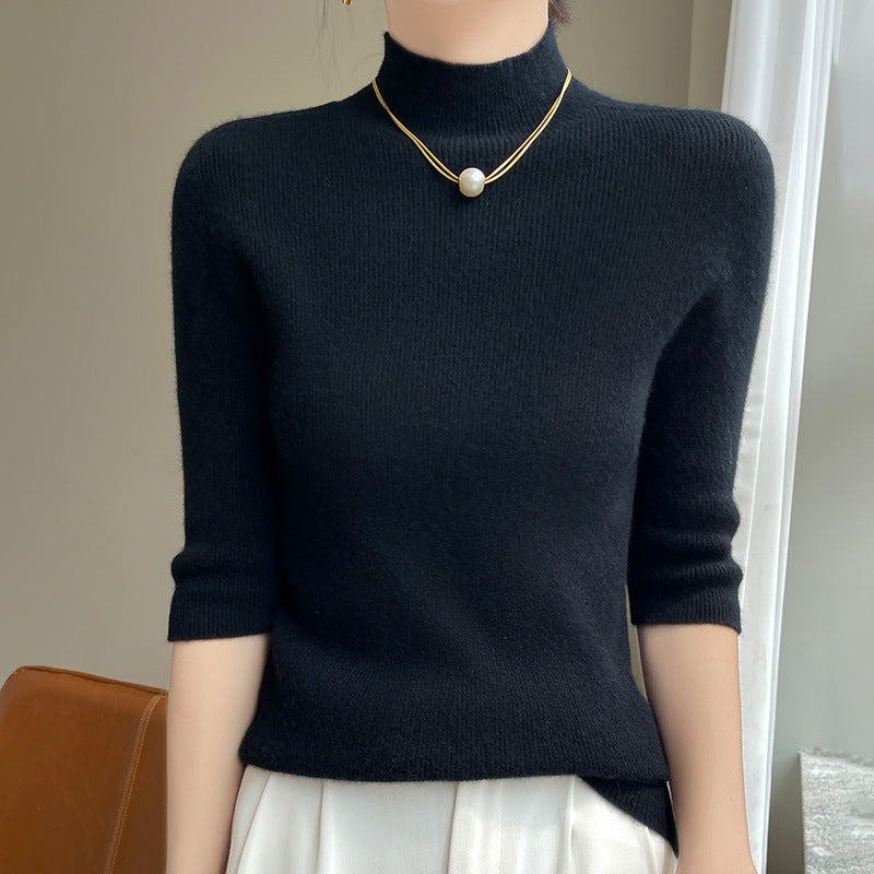 Women's Short Sleeve Mock Neck Sweater with Fluffy Angora Look Mune Fashion