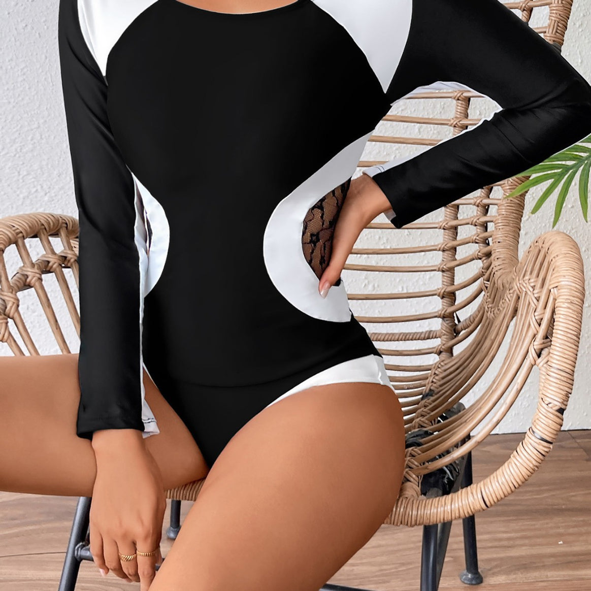 Women's One-Piece Swimsuit with Sophisticated Mesh Design and Long Sleeves Mune Fashion