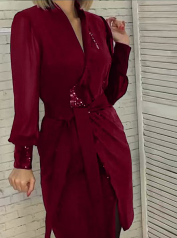 Women's tailored wrap dress with semi-transparent puff sleeves, subtle sequin trim and tie belt Mune Fashion
