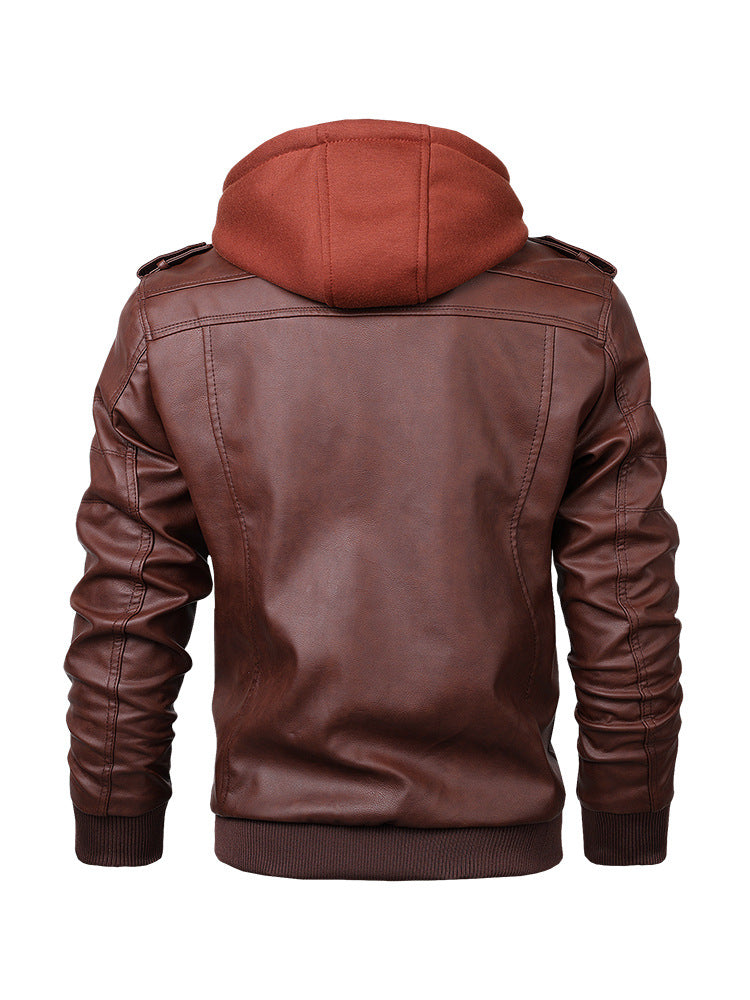 Men's Urban Hooded Leather Jacket in Biker Style with Zipper Details and Ribbed Cuffs Mune Fashion