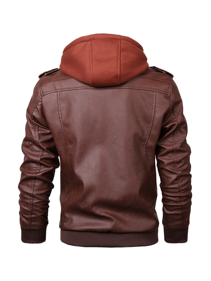 Men's Urban Hooded Leather Jacket in Biker Style with Zipper Details and Ribbed Cuffs Mune Fashion