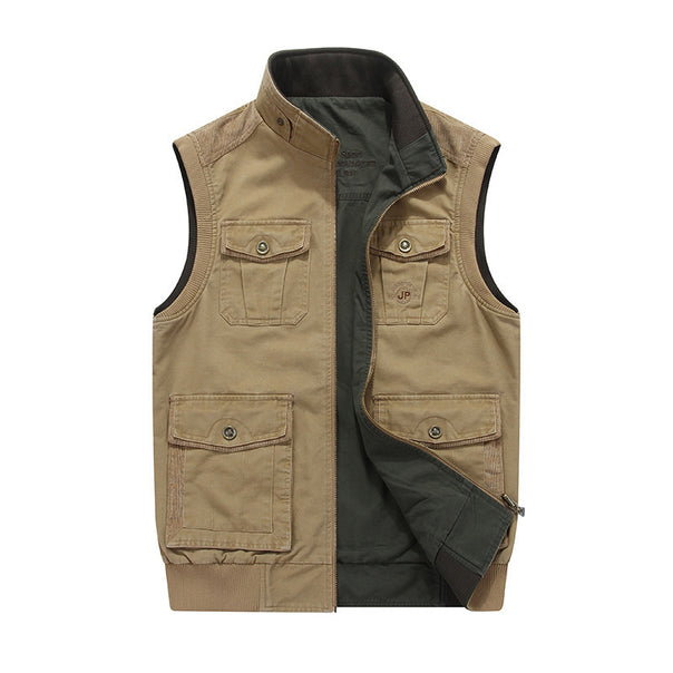 Men's Canvas Utility Vest with Multiple Pockets Stand Collar and Zipper Mune Fashion