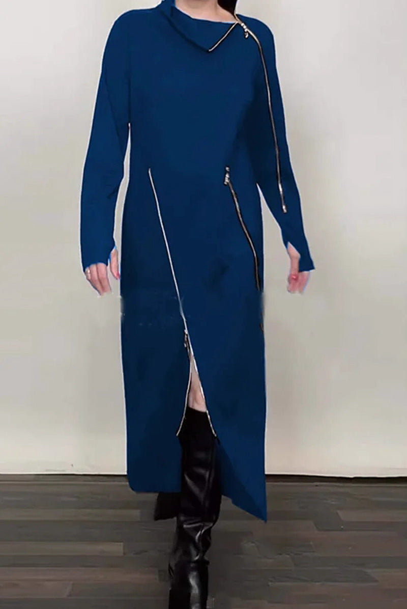 Women's Long Knit Dress with Asymmetric Metal Zippers and Front Slit Mune Fashion