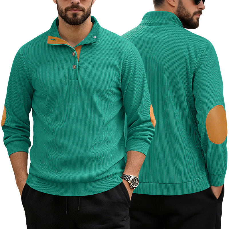 Men's casual structured sweater with polo collar, short button placket and vegan leather trims Mune Fashion
