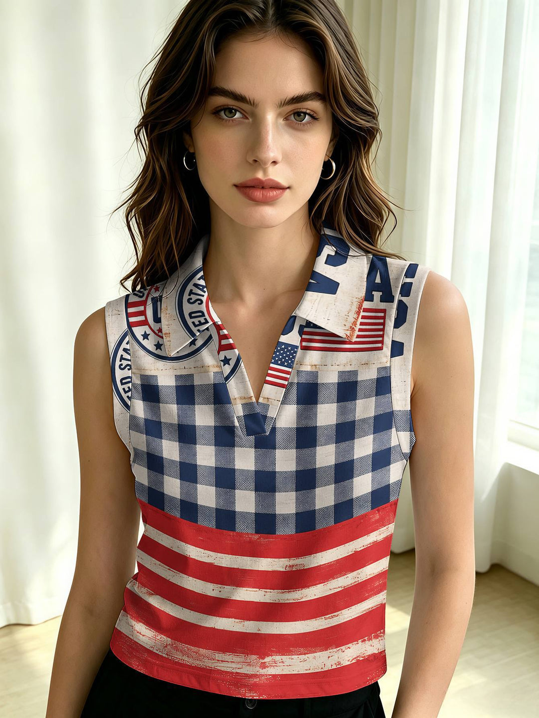 Women's sleeveless polo shirt crop top with V-neck, classic collar, and patriotic print Mune Fashion