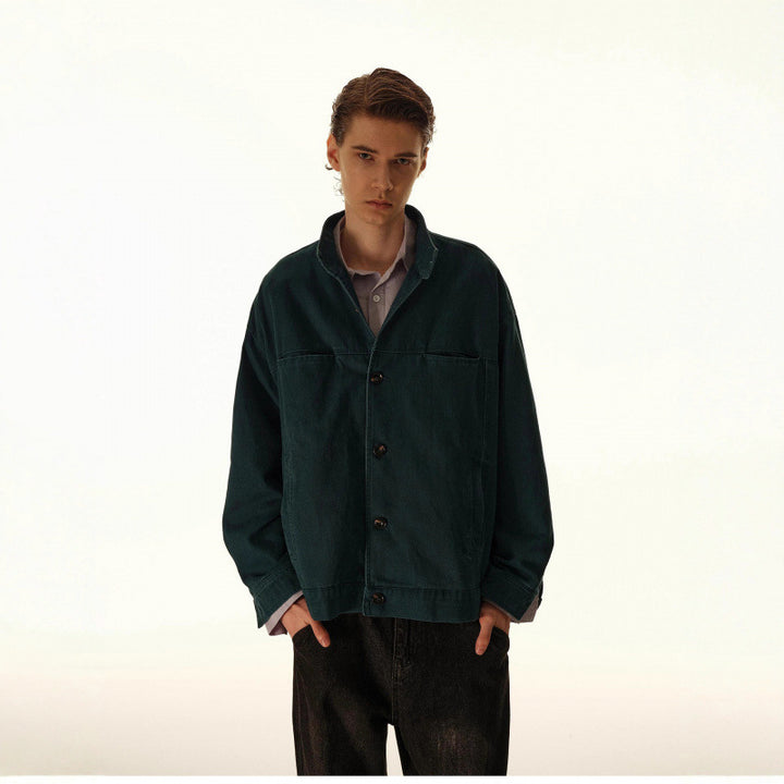 Men's Loose Canvas Overshirt with Stand-Up Collar, Patch Pockets and Distinctive Stitching Details Mune Fashion