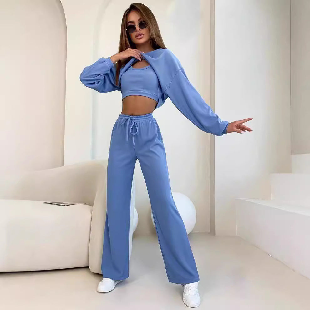 Women’s Rib Lounge Set with Cut-Out Crop Top, Oversized Cropped Sweater and High-Waist Jogging Pants Mune Fashion