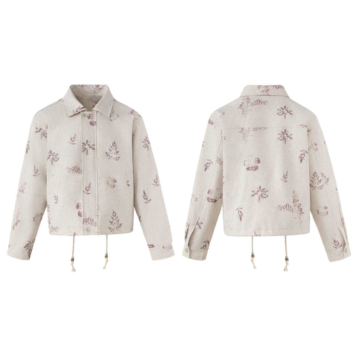 Women's Short Floral Linen Blouson with Drawstring, Concealed Button Placket and Shirt Collar Mune Fashion