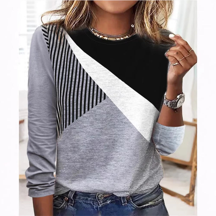 Women's Colorblock Long Sleeve Shirt with Diagonal Stripe Design and Round Neckline Mune Fashion