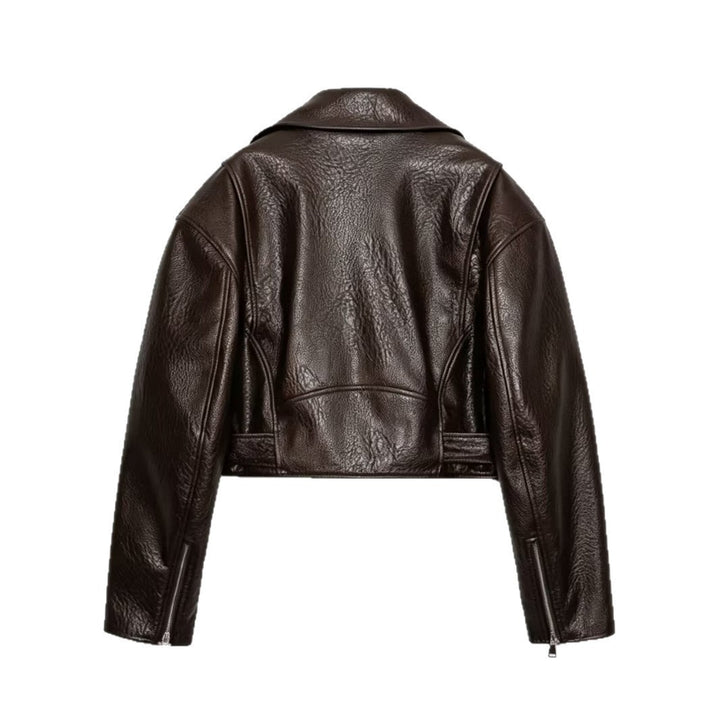 Women's Short-Cropped Biker Jacket in Textured Faux Leather with Waist Belt Mune Fashion