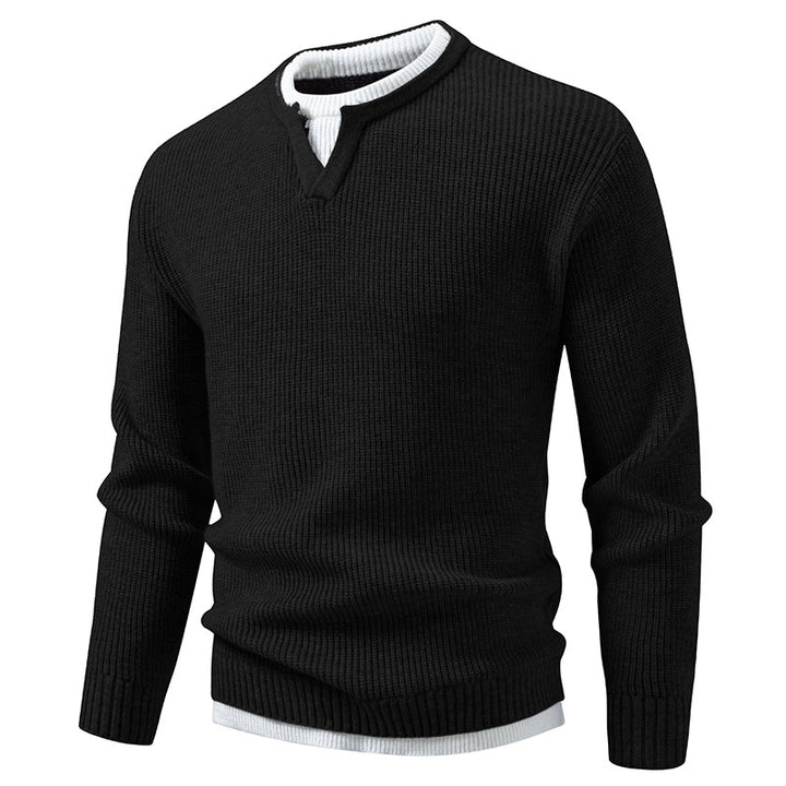 Men's Ribbed Knit Sweater with V-Notch and Layered Look Mune Fashion