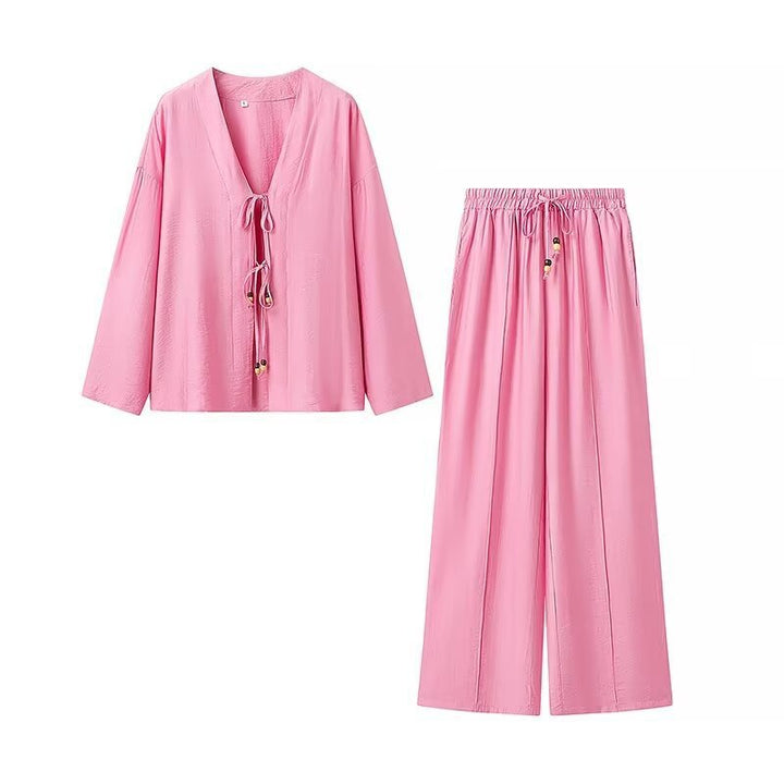 Women Two-Piece Lightweight Lounge Set with V-Neck, Drawstring Pants and Wide Leg Mune Fashion