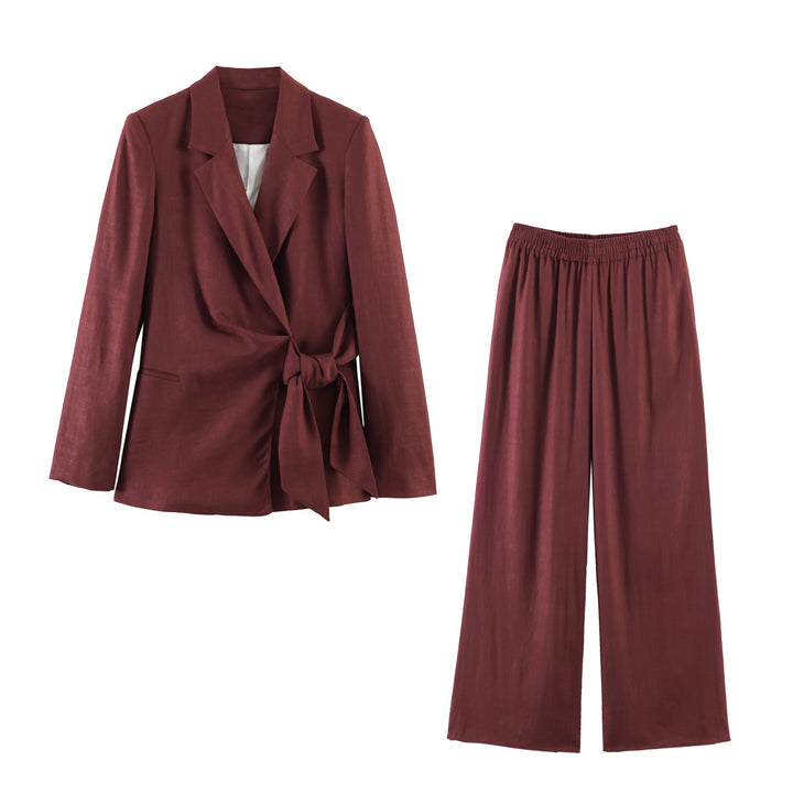 Women tailored linen blazer with belt and lapel collar Mune Fashion