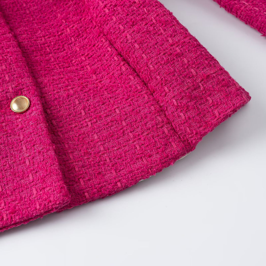 Women's Short Boucle Jacket with Waist Belt, Breast Flaps and Golden Decorative Buttons Mune Fashion
