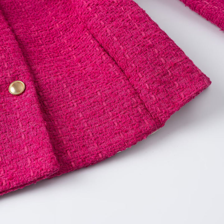 Women's Short Boucle Jacket with Waist Belt, Breast Flaps and Golden Decorative Buttons Mune Fashion