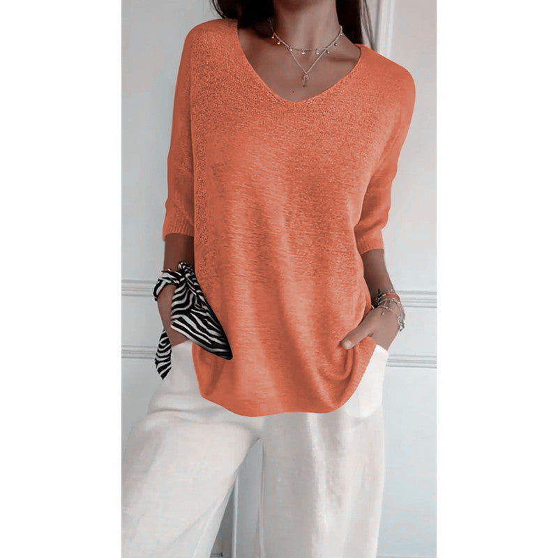 Women's relaxed fit V-neck fine knit pullover with three-quarter sleeves Mune Fashion