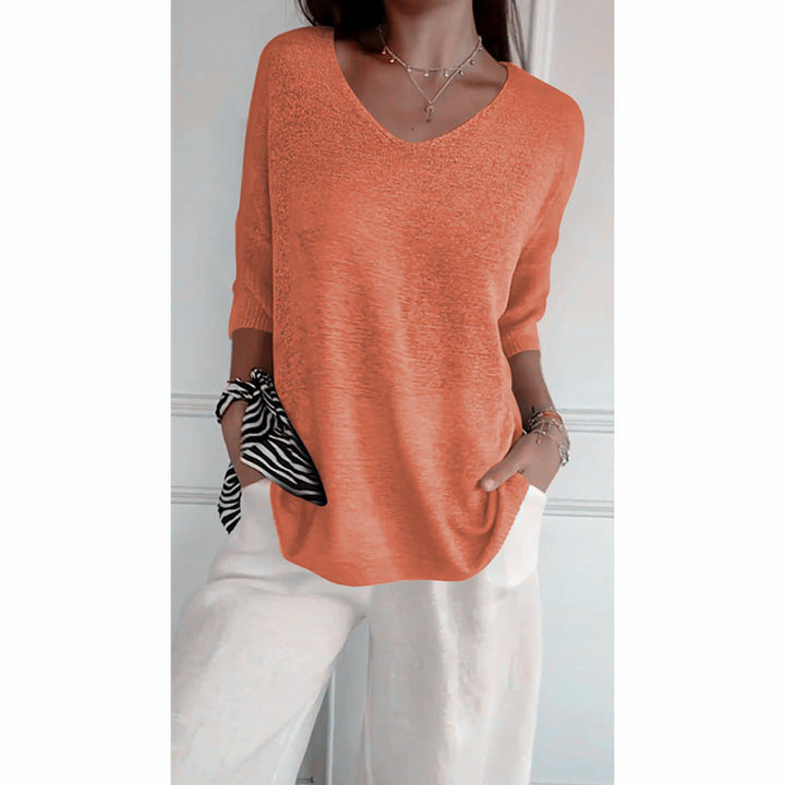 Women's relaxed fit V-neck fine knit pullover with three-quarter sleeves Mune Fashion