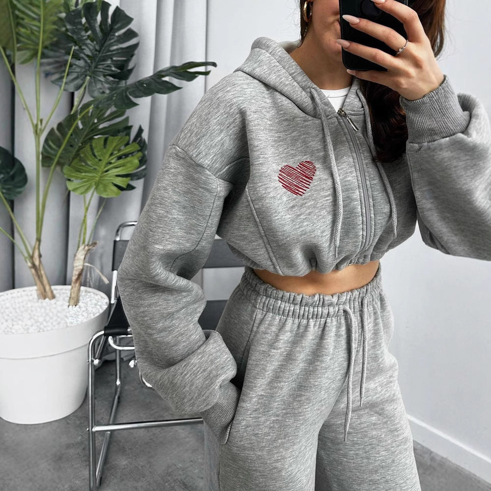 Ladies Cropped Hooded Zip Set with Heart Embroidery and Wide High-Waist Jogging Pants Mune Fashion