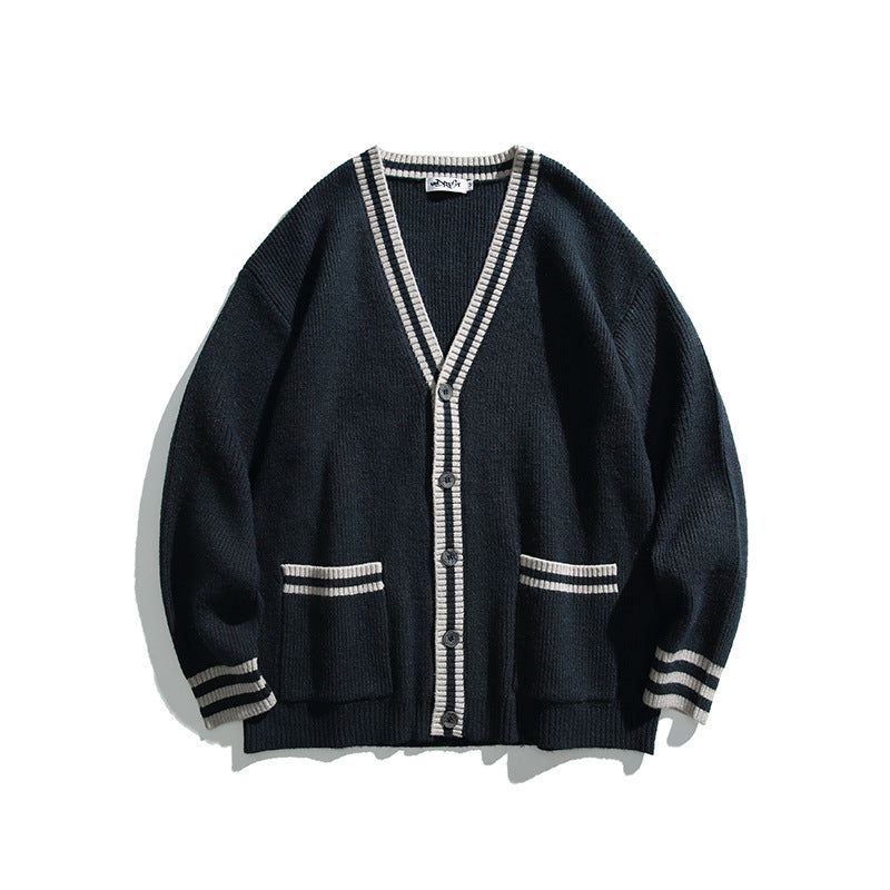 Unisex Oversize Knit Cardigan with Contrast Stripes, V-Neck and Patch Pockets Mune Fashion