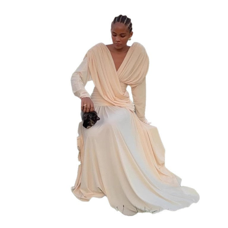 Women's Elegant Wrap Maxi Dress with Deep V-Neckline and Draping Mune Fashion