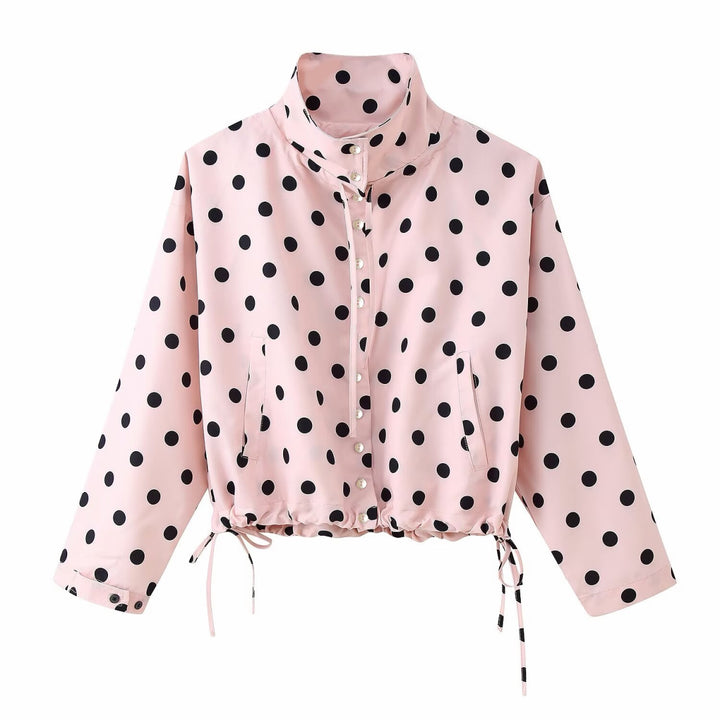 Women's Polka Dot Cropped Blouse with Stand Collar and Drawstring Hem Mune Fashion