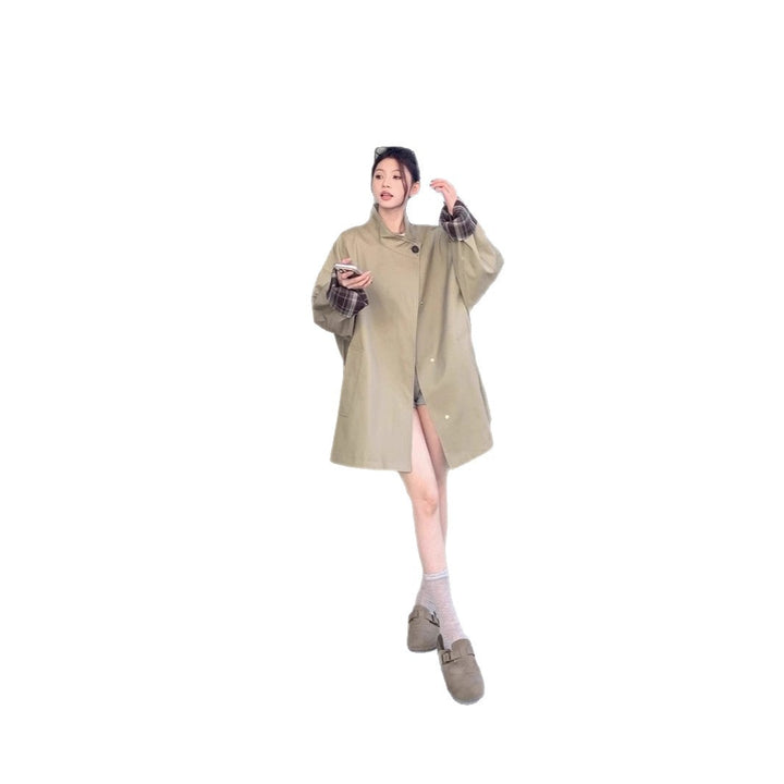 Women Oversized Short Coat with Stand-Up Collar and Checked Sleeve Lining Mune Fashion