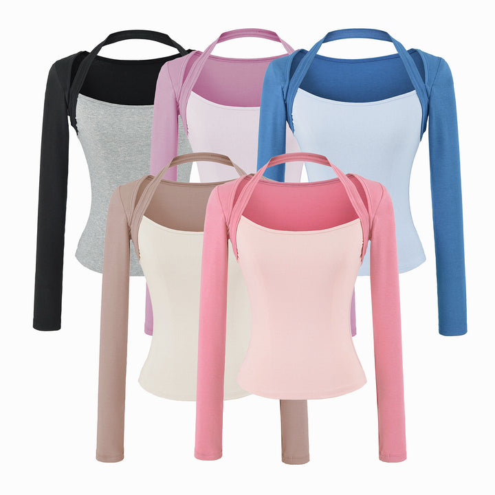 Women Fitted Layering Top with Integrated Bolero Sleeve and Neckholder Detail