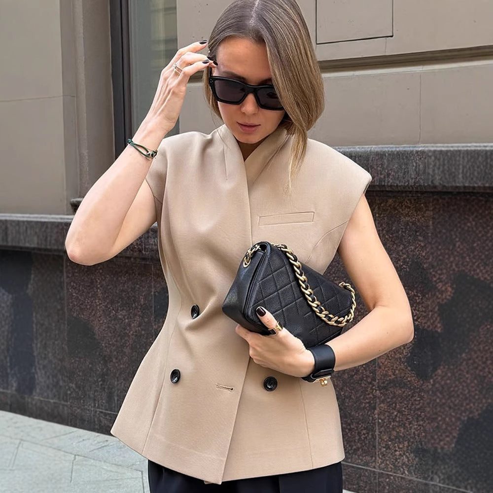 Women's sleeveless tailored blazer vest with double button placket & structured shoulder part Mune Fashion