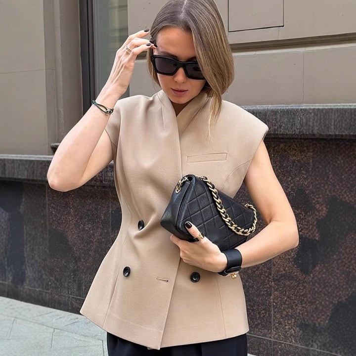 Women's sleeveless tailored blazer vest with double button placket & structured shoulder part Mune Fashion