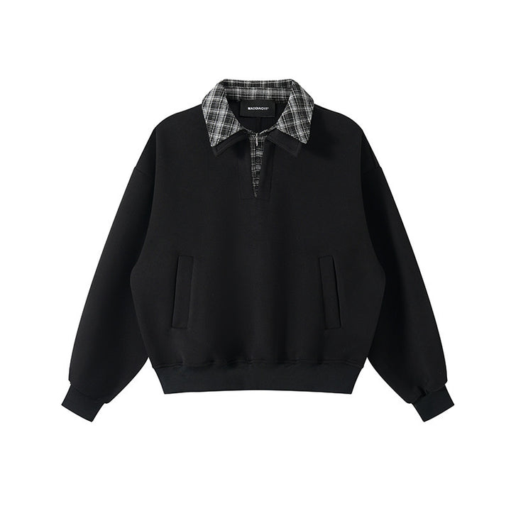 Unisex Oversized Sweatshirt with inset check shirt collar and half zipper Mune Fashion