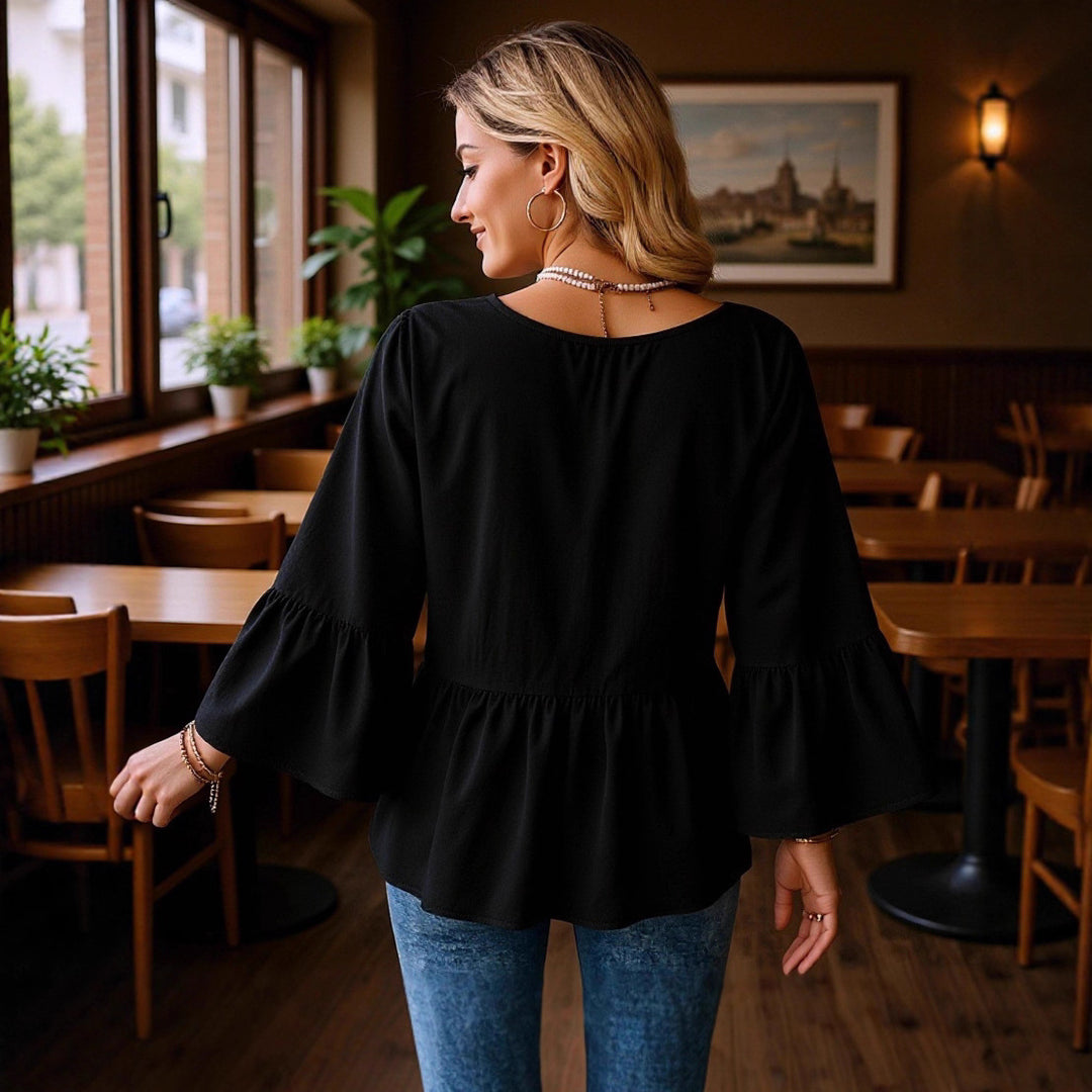 Women's tunic blouse with V-neck, gathered empire seam and trumpet sleeves Mune Fashion