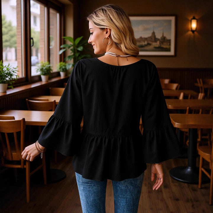 Women's tunic blouse with V-neck, gathered empire seam and trumpet sleeves Mune Fashion