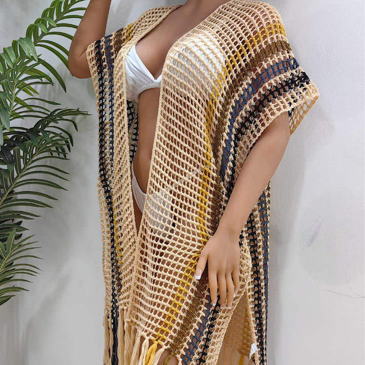 Women airy crochet beach cover-up with fringes Mune Fashion