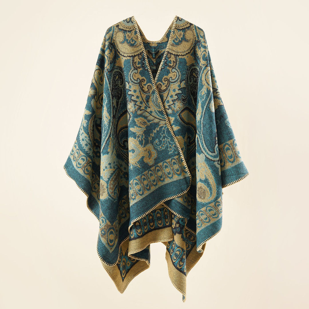 Women’s jacquard-woven oversized ruana with ornamentation and open kimono fall drape