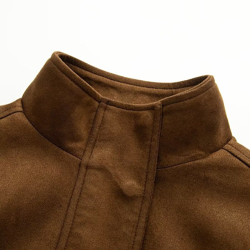 Women's Cropped Wool Blend Field Jacket with Stand Collar, Concealed Closure and Large Flap Pockets