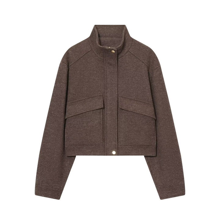 Women Short Cut Wool Blend Boxy Jacket with Stand-up Collar and Flap Pockets Mune Fashion